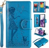 Voor Samsung Galaxy S20 + vrouw en kat reliëf horizontale flip lederen tas, met kaartsleuven & houder & portemonnee & fotolijst & spiegel & lanyard (blauw)