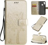 Voor Galaxy M11 / A11 Tree & Cat Pattern Pressed Printing Horizontale Flip PU lederen tas met houder & kaartsleuven & portemonnee & lanyard (goud)
