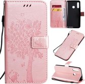 Voor Galaxy A70e Tree & Cat Pattern Pressed Printing Horizontale Flip PU Leather Case met houder & kaartsleuven & portemonnee & Lanyard (Rose Gold)