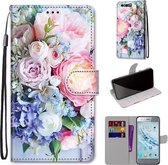 Voor Huawei Honor 9 Gekleurde Tekening Cross Textuur Horizontale Flip PU Lederen Case met Houder & Kaartsleuven & Portemonnee & Lanyard (Lichtroze Boeket)