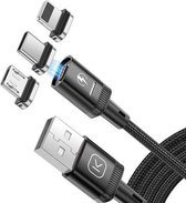 KUULAA KL-X25 1m 3A Max 3 in 1 USB naar 8-pins + USB-C / Type-C + Micro USB Platte magnetische metalen connector Nylon gevlochten magnetische datakabel (zwart)