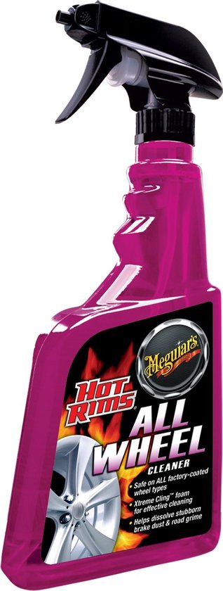 Roze spuitfles Meguiar's "Hot Rims All Wheel Cleaner" met een afbeelding van een velg en vlammen.