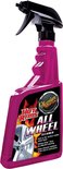Roze spuitfles Meguiar's "Hot Rims All Wheel Cleaner" met een afbeelding van een velg en vlammen.