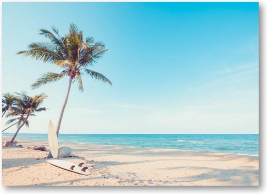 Surfplank met palmboom op tropisch strand - vintage kleurtoon - 70x50 Canvas Liggend - Landschap - Natuur
