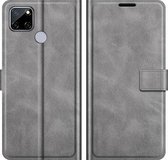 Retro Kalf Patroon Gesp Kaart Portemonnee Links en Rechts Flip Telefoon Holster met Beugel Functie Voor OPPO Realme C12 (Grijs)