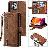 Voor iPhone 11 Negen Kaart Rits Tas Horizontale Flip Leren Case Met Houder & Kaartsleuven & Fotolijst & Portemonnee (Bruin)