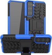 Voor Samsung Galaxy S21 5G Bandentextuur Schokbestendig TPU + PC beschermhoes met houder (blauw)