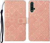 Voor Huawei Honor 20 Etnische stijl Reliëfpatroon Horizontale flip lederen hoes met houder & kaartsleuven & portemonnee & lanyard (roze)