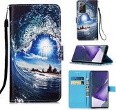 Voor Samsung Galaxy Note20 Ultra gekleurde tekening patroon Plain Weave horizontale Flip lederen tas met houder & kaartsleuf & portemonnee & lanyard (golven en zon)