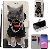 Voor Samsung Galaxy S10 + Gekleurde tekening Cross Texture Horizontale Flip PU lederen tas met houder & kaartsleuven & portemonnee & lanyard (Golden Chain Grey Cat)