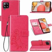 Voor Samsung Galaxy A42 5G vierbladige sluiting reliëf gesp mobiele telefoon bescherming lederen tas met lanyard & kaartsleuf & portemonnee & beugel functie (rose rood)