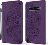 Voor Samsung Galaxy S10 + pauw reliëf patroon horizontale flip lederen tas met houder & kaartsleuven & portemonnee & lanyard (paars)