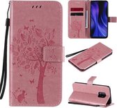 Voor Xiaomi Redmi 10X 5G / 10X Pro 5G Boom & Kat Reliëfpatroon Horizontale Flip Leren Case met Houder & Kaartsleuven & Portemonnee & Lanyard (Roze)