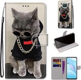 Voor Geschikt voor Xiaomi Mi 10T Lite Gekleurde tekening Cross Texture Horizontale flip PU lederen tas met houder & kaartsleuven & portemonnee & lanyard (gouden ketting grijze kat)