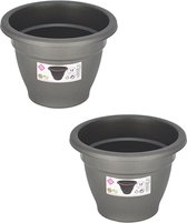 Set van 2x stuks grijze ronde plantenpot/bloempot kunststof diameter 14 cm - Plantenbakken/bloembakken voor buiten