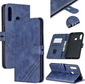 Voor Samsung Galaxy A20s Stiksels Stijl 2-Kleur Koe Textuur Horizontale Flip PU Lederen Case met Houder & Kaartsleuf & Lanyard (Blauw)