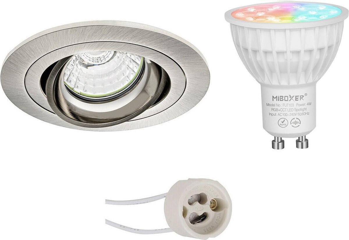 Mi-Light MiBoxer - LED Spot Set GU10 - Smart LED - Wifi LED - Slimme LED - 4W - RGB+CCT - Aanpasbare Kleur - Dimbaar - Proma Alpin Pro - Inbouw Rond - Mat Nikkel - Kantelbaar - Ø92mm