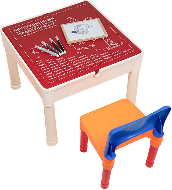 Kindertafel met 1 Stoeltje - Speeltafel met bouwplaat en vlakke kant - Geschikt voor Lego® & Duplo® Bouwstenen