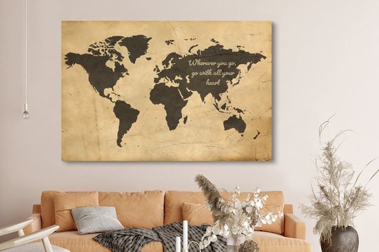 Peintures Toile Wereldkaart - Vintage - Citation - 150x100 cm - Décoration murale
