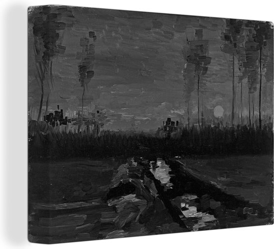 Canvas schilderij 160x120 cm - Wanddecoratie Landschap in de schemering - Vincent van Gogh - Zwart - Wit - Muurdecoratie woonkamer - Slaapkamer decoratie - Kamer accessoires - Schilderijen