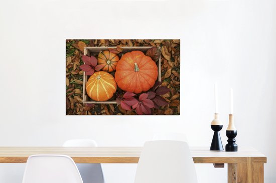 Peintures sur toile - Citrouilles en caisse bois - 90x60 cm - Décoration murale
