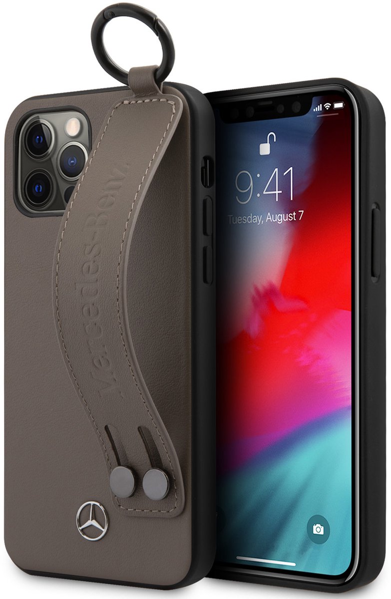 Mercedes - Geschikt voor iPhone 12 Pro Max - Leren Backcover hoes met Handstrap - Bruin