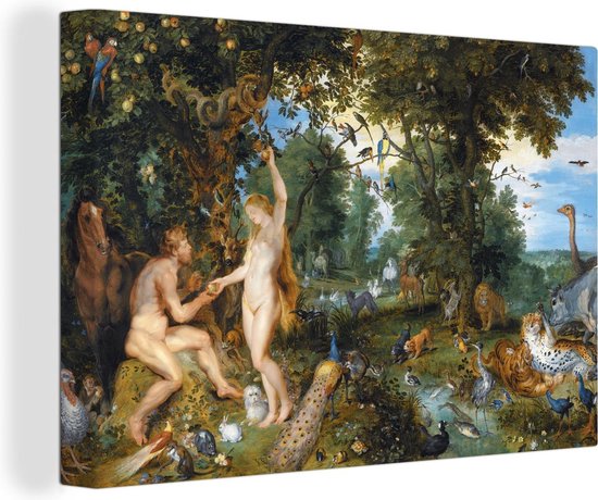 Canvas schilderij 150x100 cm - Wanddecoratie Het aardse paradijs met de zondeval van Adam en Eva - Schilderij van Peter Paul Rubens - Muurdecoratie woonkamer - Slaapkamer decoratie - Kamer accessoires - Schilderijen