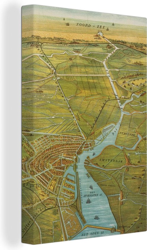 Carte colorée et historique de la ville d' Amsterdam sur toile - Carte 80x120 cm - Tirage photo sur toile (Décoration murale salon / chambre)