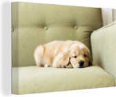 Canvas schilderij 180x120 cm - Wanddecoratie Een slapende Golden Retriever puppy op de bank - Muurdecoratie woonkamer - Slaapkamer decoratie - Kamer accessoires - Schilderijen