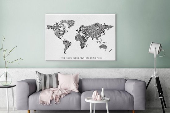 Wereldkaart en toile - Citation - Empreinte digitale - 180x120 cm - Décoration murale