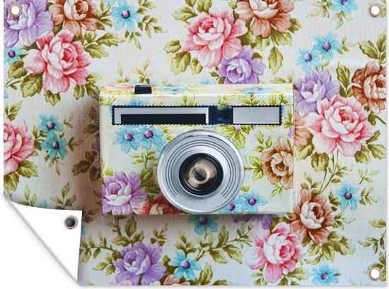 Tuinposter - Tuindoek - Tuinposters buiten - Camera - Camouflage - Bloemen - 120x90 cm - Tuin