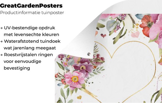 Tuinposter 40x60 cm - Tuindecoratie Bloemen - Hart - Waterverf - Patroon - Poster voor in de tuin - Buiten decoratie - Schutting tuinschilderij - Tuindoek muurdecoratie - Wanddecoratie balkondoek