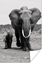 Olifanten moeder en kind in zwart-wit poster papier 80x120 cm - Foto print op Poster (wanddecoratie woonkamer / slaapkamer) / Jonge Dieren Poster