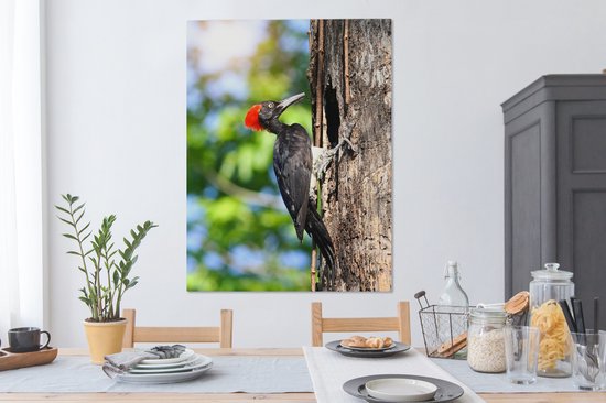 Peintures sur toile - Un pic noir avec une crête rouge dans l'arbre - 90x120 cm - Décoration murale