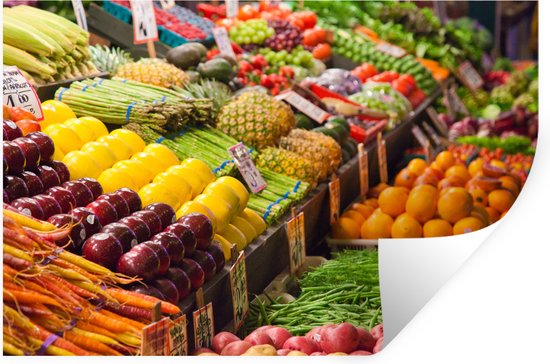 Sticker Muursticker Marché aux fruits - Plusieurs caisses de fruits et légumes sur le marché - 120x80 cm - Film adhésif autocollant - Sticker mural repositionnable