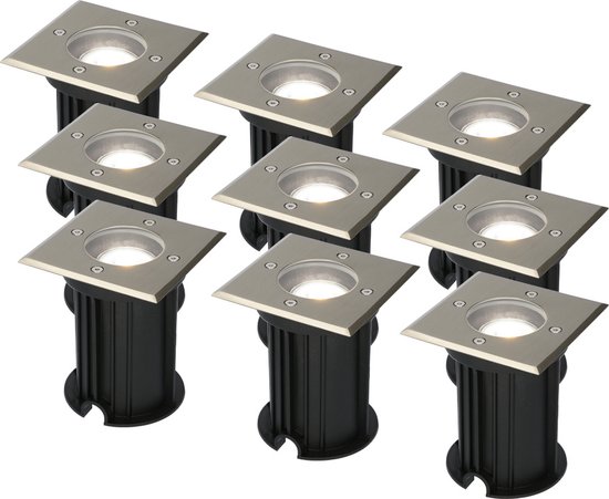 HOFTRONIC™ Set van 9 grondspots RVS vierkant 6000K GU10 IP65 waterdicht 3 jaar garantie dimbaar Grondspot buiten 230V