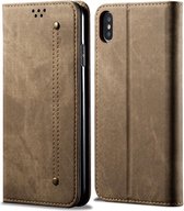 Voor iPhone X / XS denim textuur casual stijl horizontale flip lederen tas met houder en kaartsleuven en portemonnee (kaki)