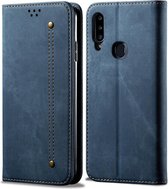 Voor Galaxy A20s denim textuur casual stijl horizontale flip lederen tas met houder en kaartsleuven en portemonnee (blauw)