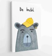Watercolor cute bear with a cap and a pierced ear with inscription be brutal. Card mammal design perfect for holiday and birthday. Isolated illustration - Moderne schilderijen - Ve