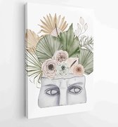 Watercolor antique marble statue of half face with boho flowers, dried tropical palm leaf isolated isolated illustration sculpture - Moderne schilderijen - Vertical - 1728214264 -