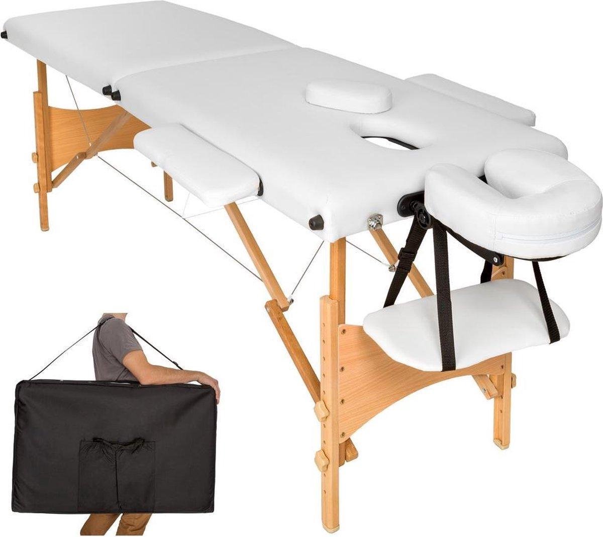 Goedkoopste Dreamble® | Massagetafel | Wit | Hout | Extra dikke bekleding 6 cm | Extra stevig | Inklapbaar | Mobiel | 2 zones | In hoogte verstelbaar | Gezichtsuitsparing | Armsteunen in breedte instelbaar | Afwasbaar | Belastbaar tot 250 kg | Incl. draagtas