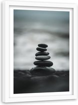 Foto in frame , Opgestapelde Zen stenen , 120x80cm , Zwart wit , Premium print