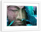 Foto in frame , Gezicht van Boeddha tussen bladeren , 120x80cm , Zwart wit blauw, Premium print