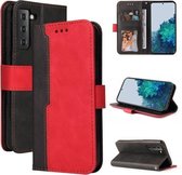 Voor Samsung Galaxy S21 FE Zakelijke Stiksels-Kleur Horizontale Flip PU Lederen Case met Houder & Kaartsleuven & Fotolijst (Rood)