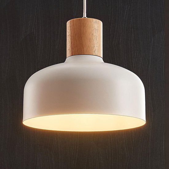 Lindby - hanglamp - 1licht - metaal, hout - H: 25 cm - E27 - wit, licht hout
