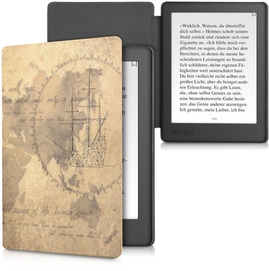 kwmobile e-reader hoesje geschikt voor Kobo Aura H2O Edition 2 hoes - E reader flip case met magnetische sluiting - Ereader cover - Vintage Travel design in bruin / lichtbruin — afbeelding 2