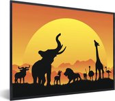 Photo encadrée - Illustration d'animaux africains avec un cadre photo soleil couchant noir 40x30 cm - Affiche encadrée (Décoration murale salon / chambre)