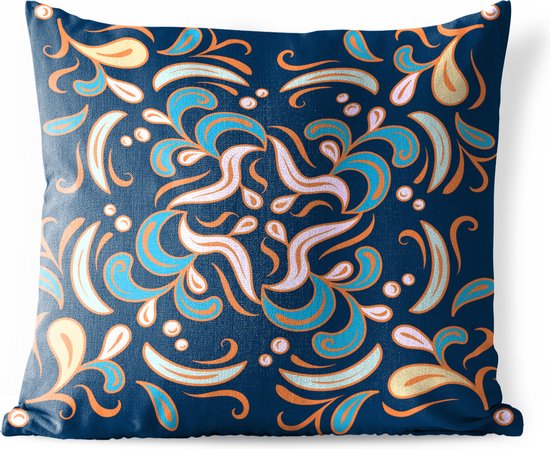 Foto: Buitenkussens tuin abstract en vierkant patroon met takken en bladeren op een donkerblauwe achtergrond 60x60 cm