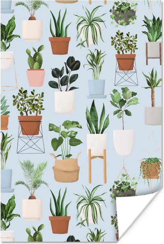 Patroon van verschillende illustraties van planten op een blauwe achtergrond 40x60 cm - Foto print op Poster (wanddecoratie woonkamer / slaapkamer)