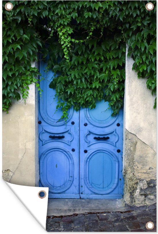 Tuinposter - Tuindoek - Tuinposters buiten - Een blauwe deur bedekt met klimop - 80x120 cm - Tuin